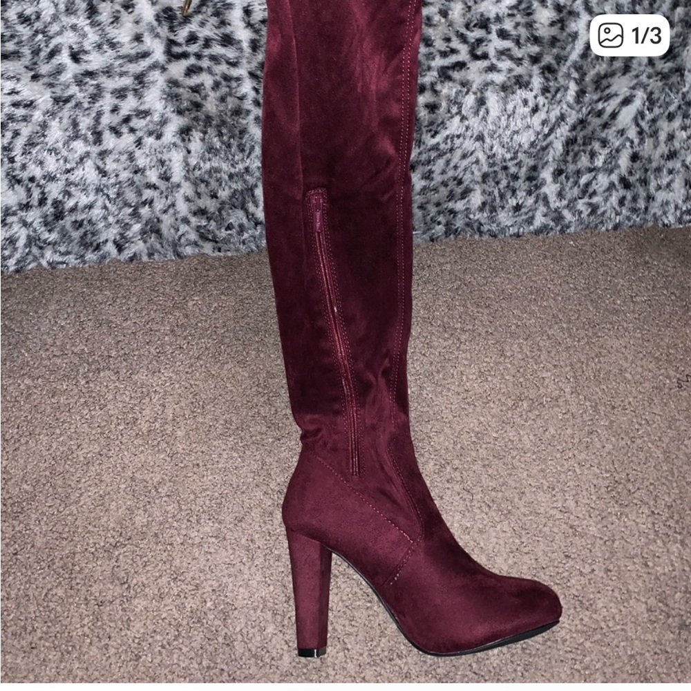 Miss Lola Maroon Over the Knee Boots